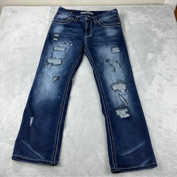 Affliction Blake Mens Sz 33x29 Distressed Dark Wash Blue Denim Jeans Flared - Picture 1 of 5